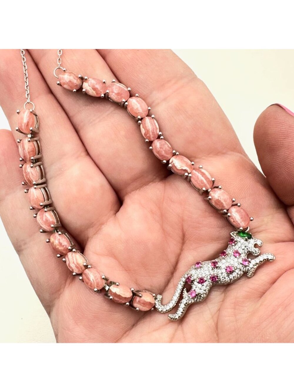 Pink Sapphire Necklace Sterling Silver Leopard Cougar Rhodochrosite